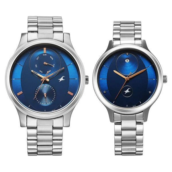 Mixmatched Quartz Multifunction Blue Dial Silver Stainless Steel Strap Watch For Couple(Combo)