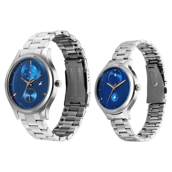 Mixmatched Quartz Multifunction Blue Dial Silver Stainless Steel Strap Watch For Couple(Combo) - Image 2