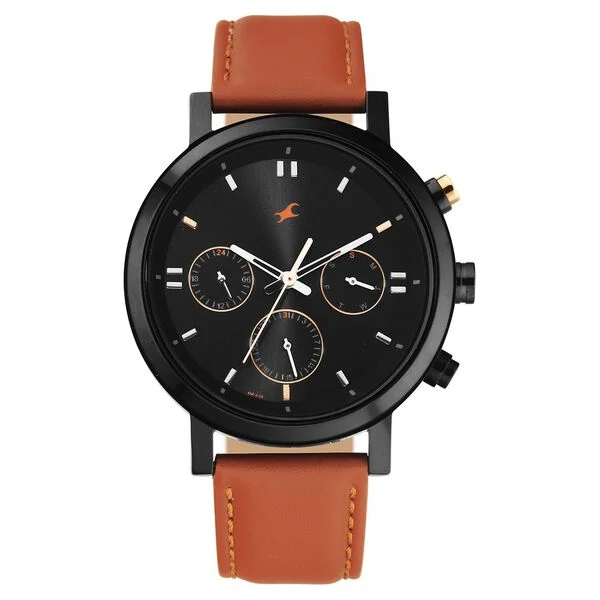 Tick Tock Quartz Analog Black dial Leather Strap Watch for Guys - Image 2