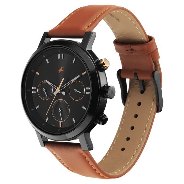 Tick Tock Quartz Analog Black dial Leather Strap Watch for Guys - Image 3