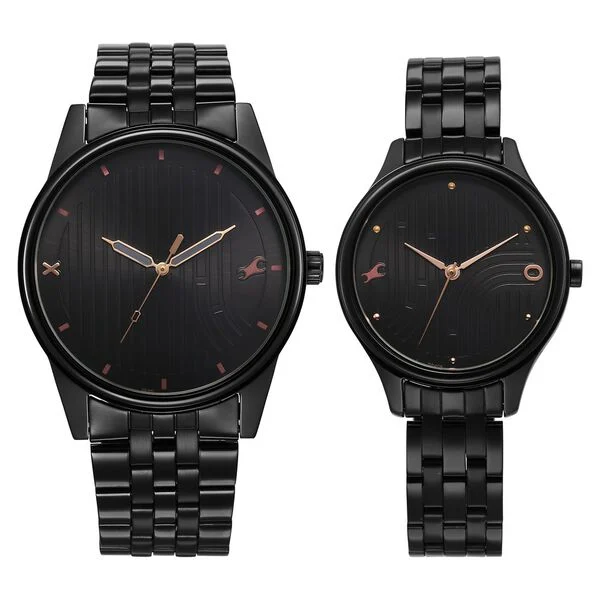 Mixmatched Quartz Analog Black Dial With Black Metal Strap Watch For Couple(Combo)