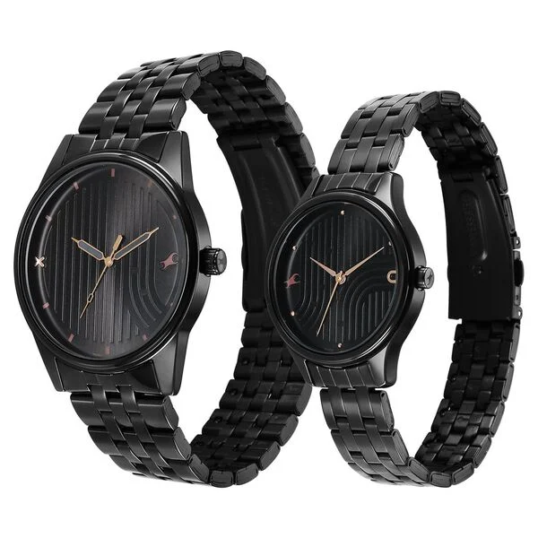 Mixmatched Quartz Analog Black Dial With Black Metal Strap Watch For Couple(Combo) - Image 2