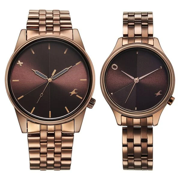 Mixmatched Quartz Analog Brown Dial With Brown Metal Strap Watch For Couple(Combo) - Image 4
