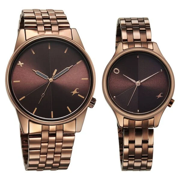Mixmatched Quartz Analog Brown Dial With Brown Metal Strap Watch For Couple(Combo)