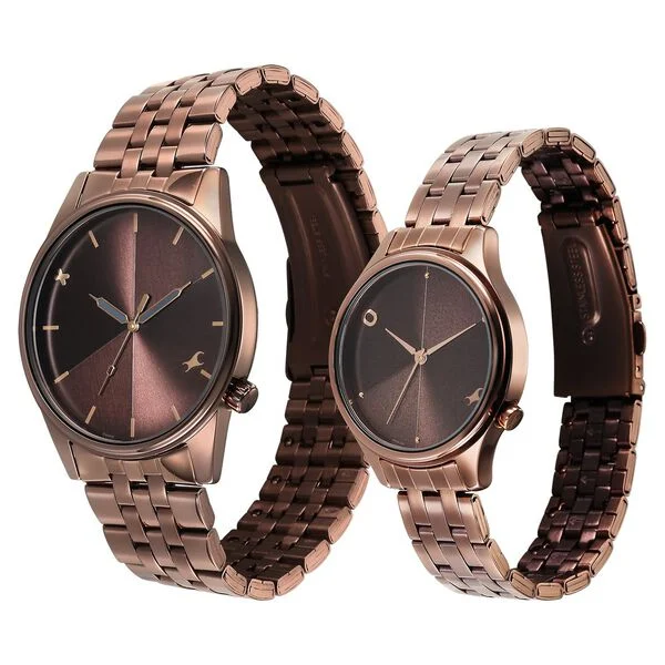 Mixmatched Quartz Analog Brown Dial With Brown Metal Strap Watch For Couple(Combo) - Image 2